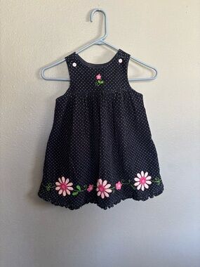 Vintage Navy Polka Dot Dress with Pink Floral Trim